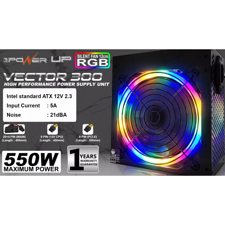 PSU PowerUp 550w Vector 300 RGB With 8 PCI-E Pin Power PowerSupply