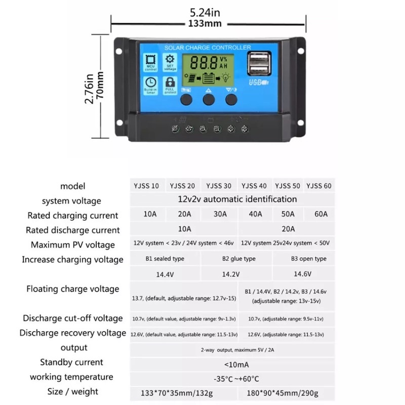 Solar Charge Controller 10A-60A Cell PWM Pengisi Daya Surya 12V/24v