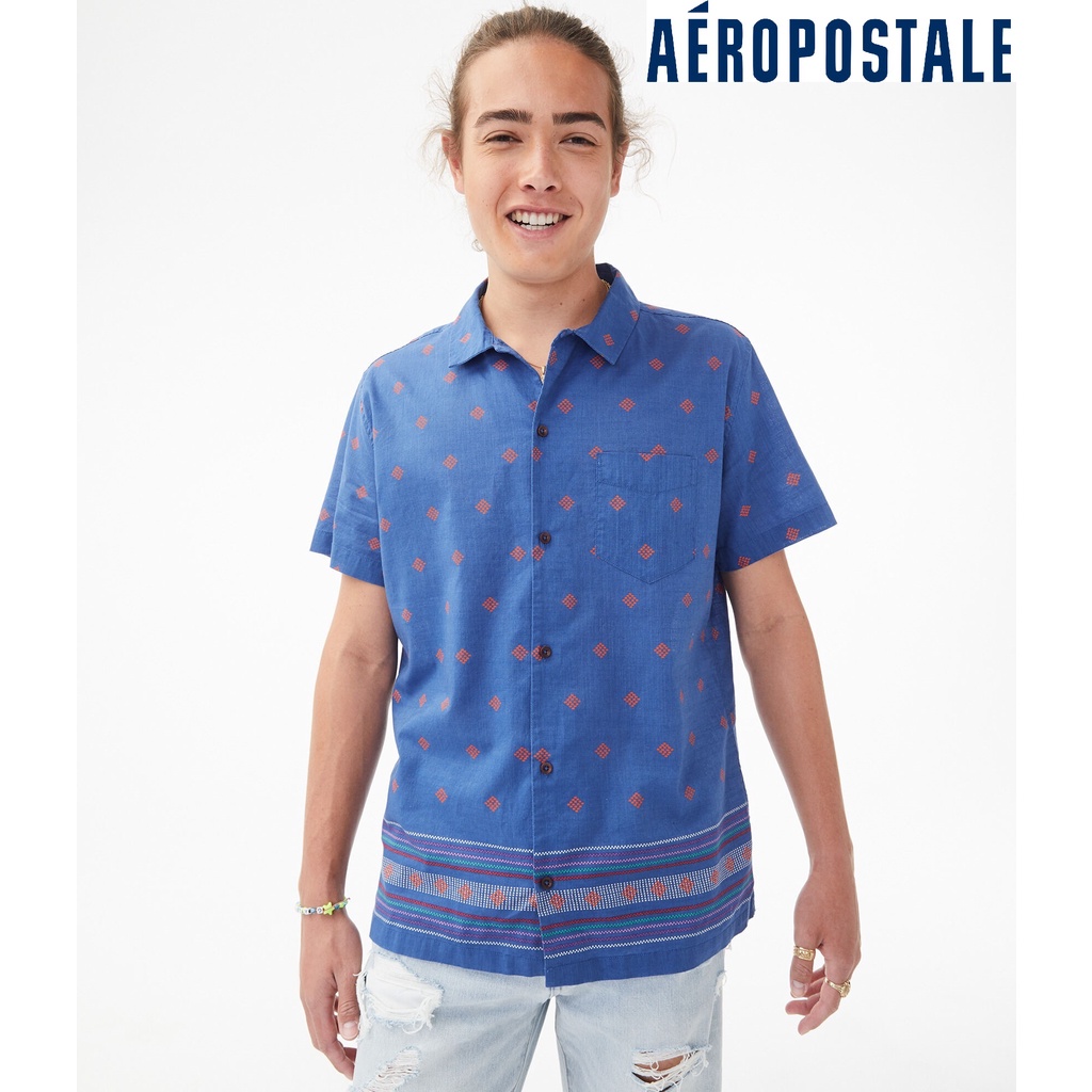 AEROPOSTALE Kemeja Resort Shirt Biru Motif Katun Original Cotton Pria