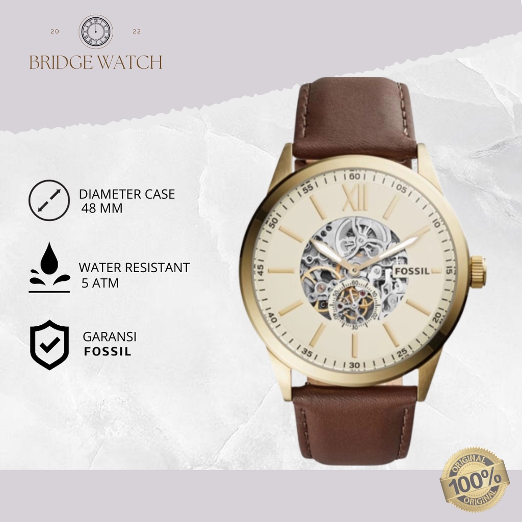 Jam Tangan Fossil Men Automatic Pria Analog Strap Kulit Flynn Mechanical Water Resistant Luxury Watch Casual Mewah Elegant Original BQ2215