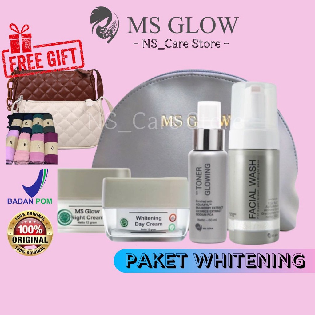 MS Glow Paket Whitening Original Krim Cream Pagi Malam Perawatan Skincare Pemutih Wajah Muka Glowing