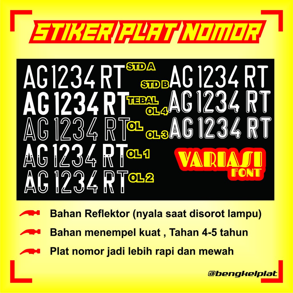 Stiker Cutting Sticker Huruf dan Angka Plat Nomor Nomer Motor Mobil Reflektive Nyala Custom