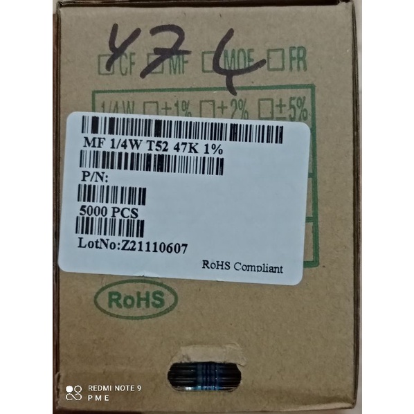 RESISTOR TAIWAN METAL FILM. 1/4wat.1%.47k. 100pcs