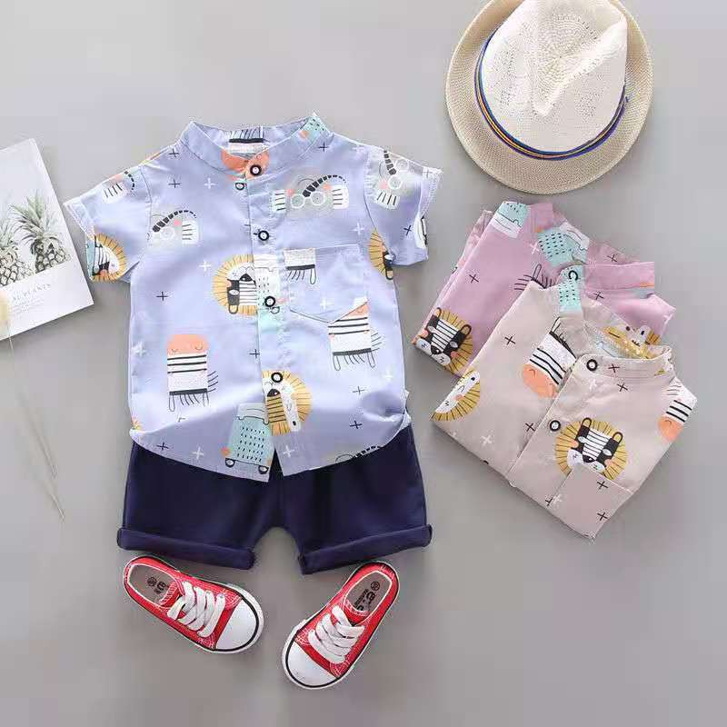 Setelan Kemeja anak Laki laki / Set Kemeja Celana anak cowok Trendy Unik Katun Import 9 bln-3 thn-3