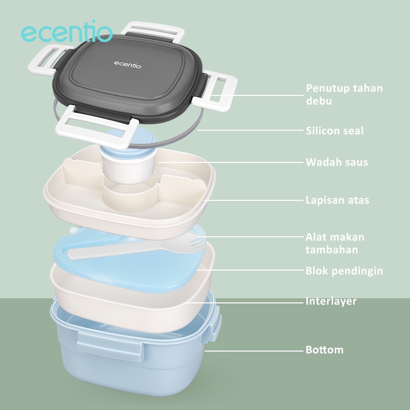 ecentio &amp; FOODI 1.6L tempat makan anak 2/3 susun icy block lunch box set anti tumpah biru salad/lunch box set 1600ml tempat bekal/double-layer lunch box set/Free sauce cap/Free sendok set