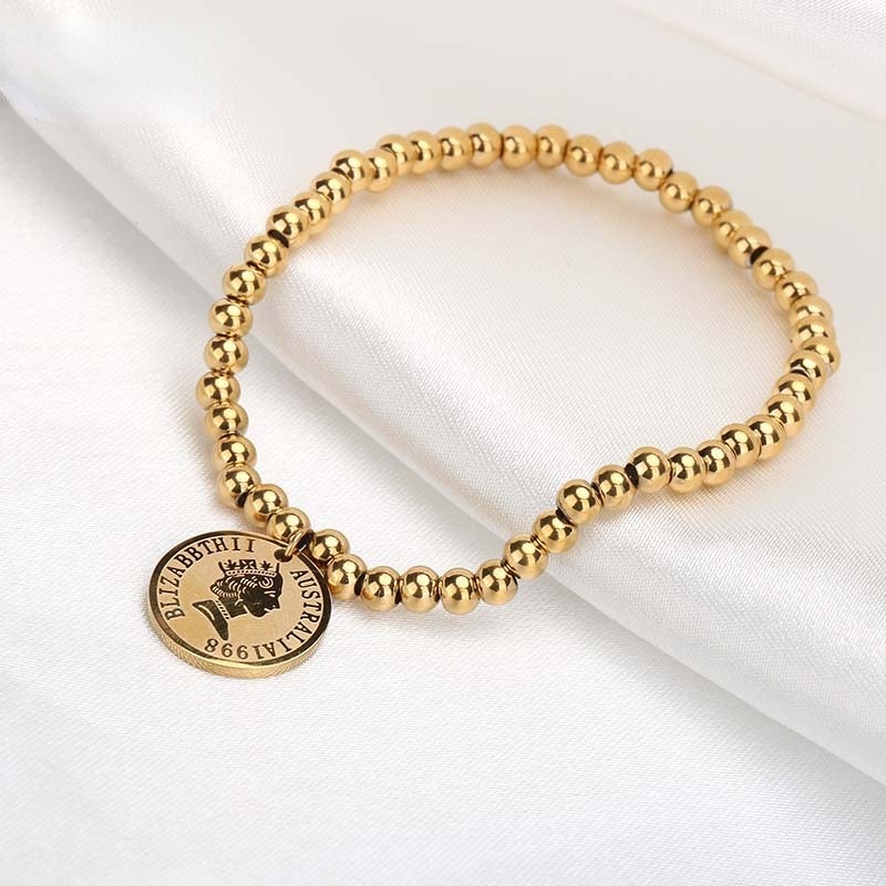 Gelang Tangan Titanium Anti Karat Aksen Koin Bulat Ala Korea Untuk Wanita