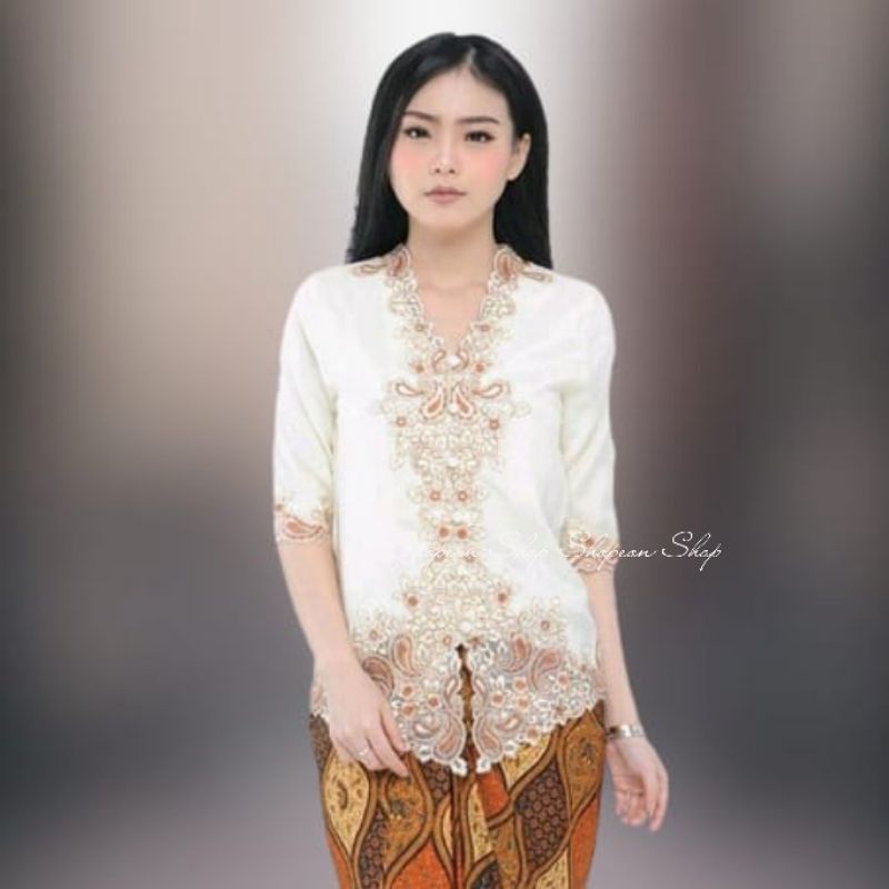 Atasan Kebaya Encim Modern Senada Katun Silky Korea Kombinasi Brukat Bordir