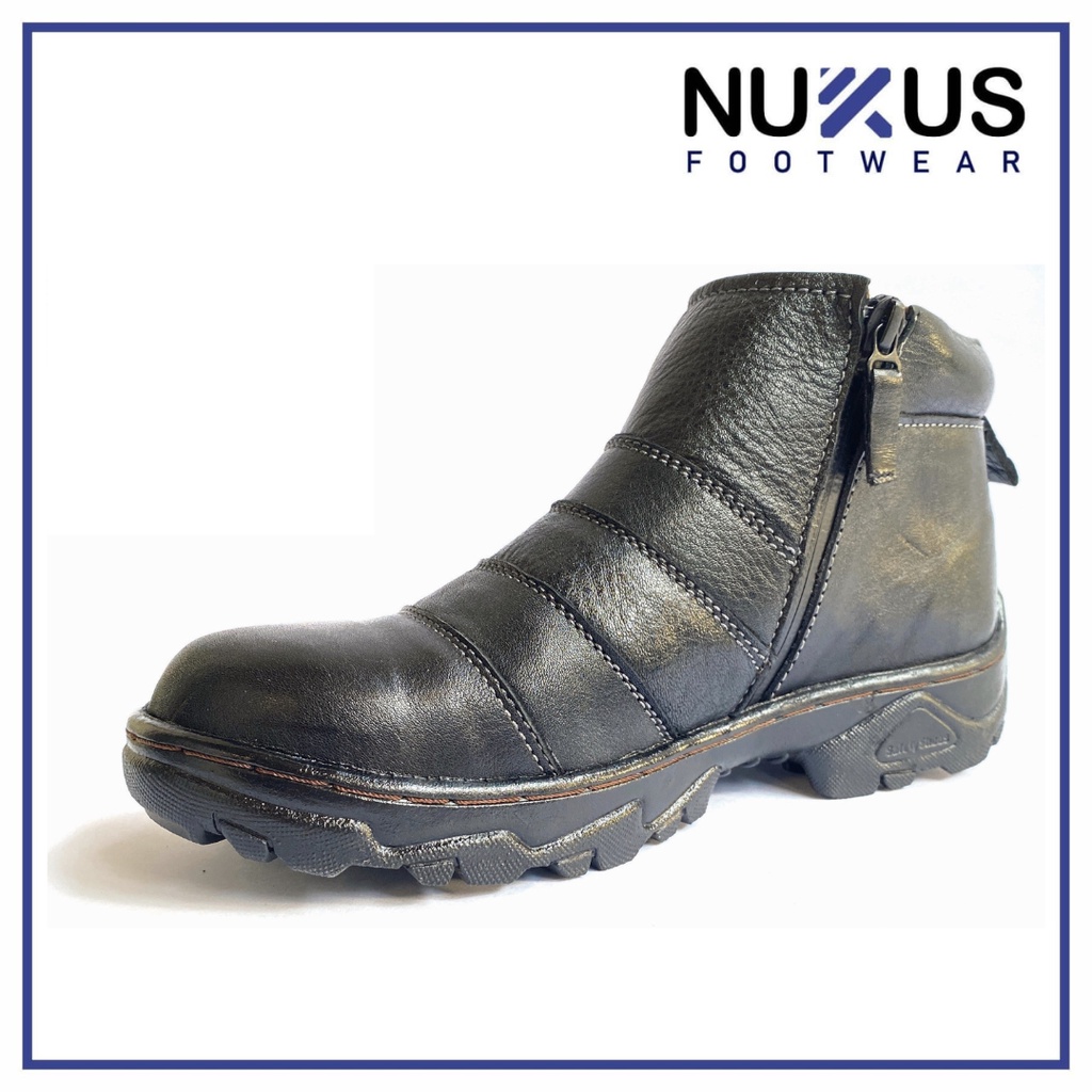 Nukus Sepatu Safety Hiking Resleting Boots Kulit Sapi Asli Hitam - BRS