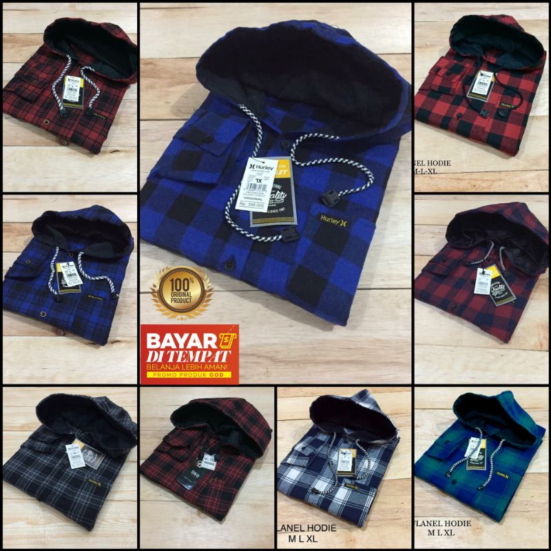 Kemeja Pria Tangan Panjang Kotak FLANEL Hoodie Original Distro HURLEY