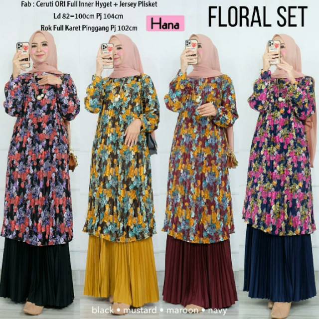 Floral set / setelan tunik dan rok plisket