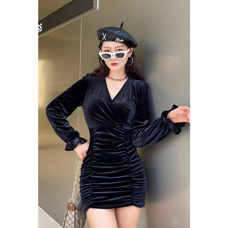 V-Neck Bodycon Velvet Mini Dress Wanita Lengan Panjang Bludru 1371 (S-XL)