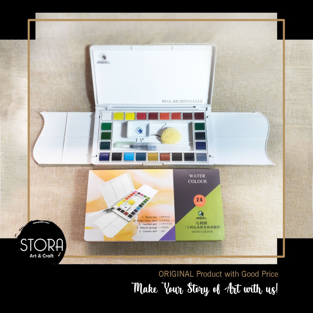 

Maries Solid Watercolor set 24 / water colour Pocket Cat Air Palette Waterbrush tank Travel Painting