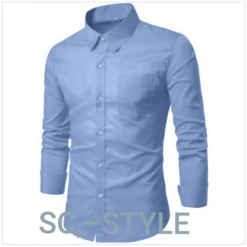 HEM BAJU KEMEJA ATASAN PRIA WARNA SOFT BLUE BAHAN KATUN TEBAL DINGIN LENGAN PANJANG IMPORT BAGUS ORI