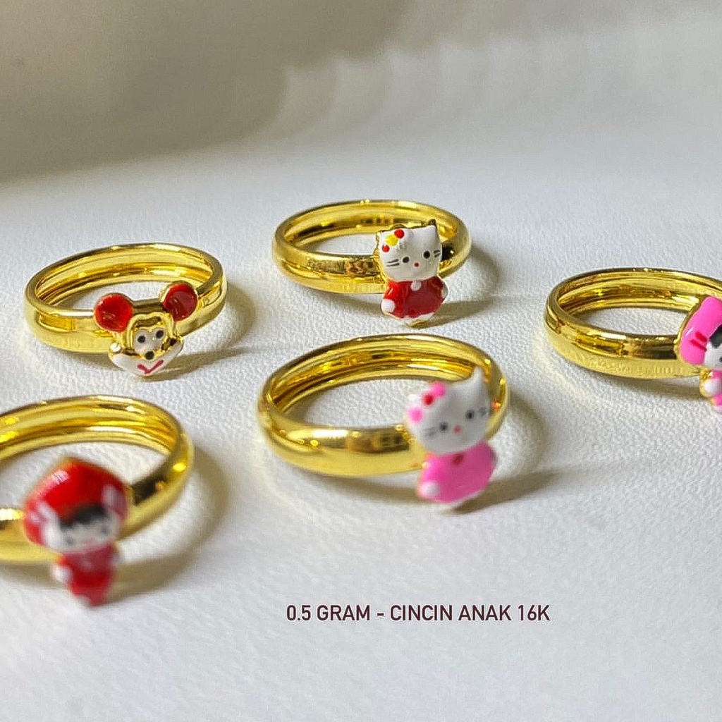 Cincin anak anak emas asli kadar 700 70 16k boneka mickey dino ice cream stoberi hello kitty mochi baby bayi strawberry mikie ringan lucu murah setengah 0,5 gram pink merah red