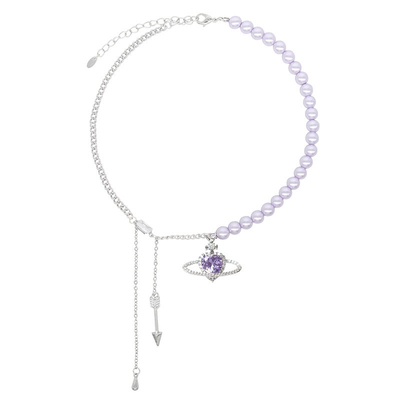 Kalung Choker Desain Planet Saturnus Aksen Mutiara Zirkon Ungu Untuk Wanita