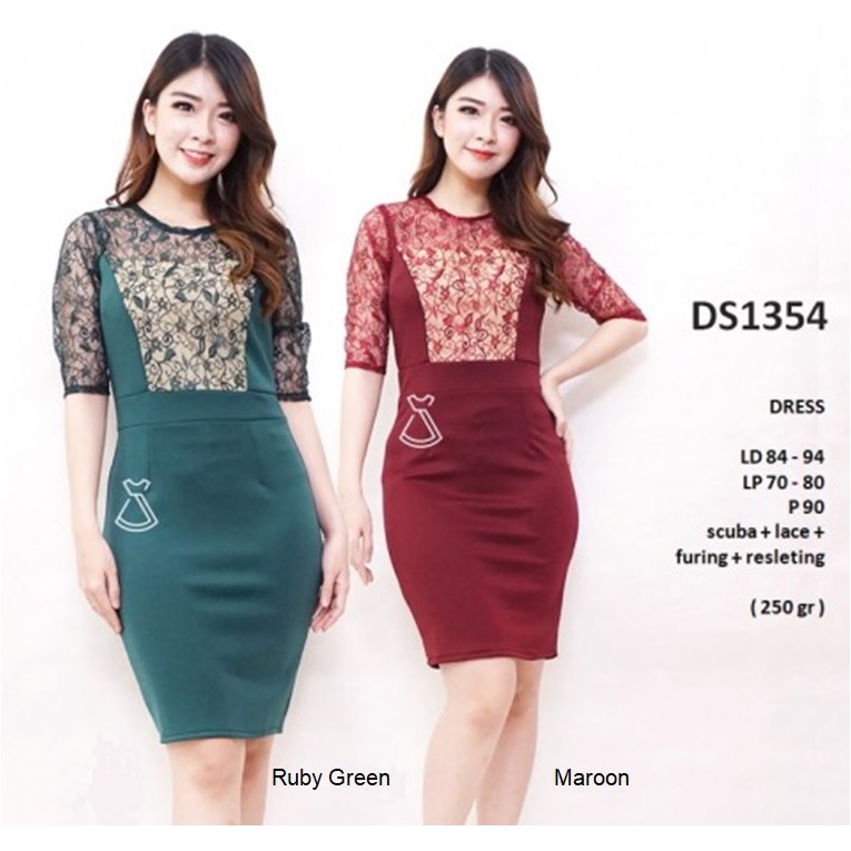 DS1354 - DRESS PESTA LACE MOTIF BUNGA BASIC SCUBA BODYCON GROSIR MURAH