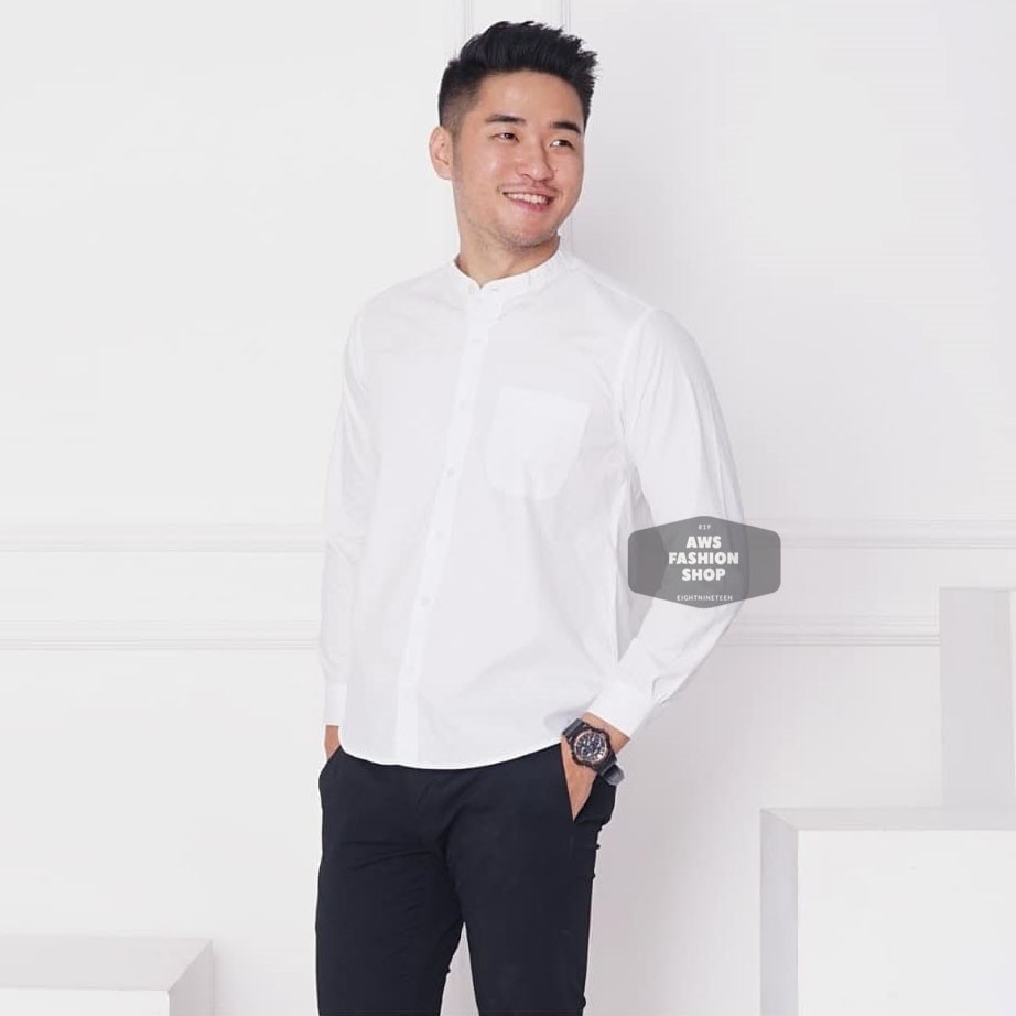 Kemeja Putih Polos Pria Lengan Panjang Kerah Shanghai Kancing 1 White Casual Slimfit 3345