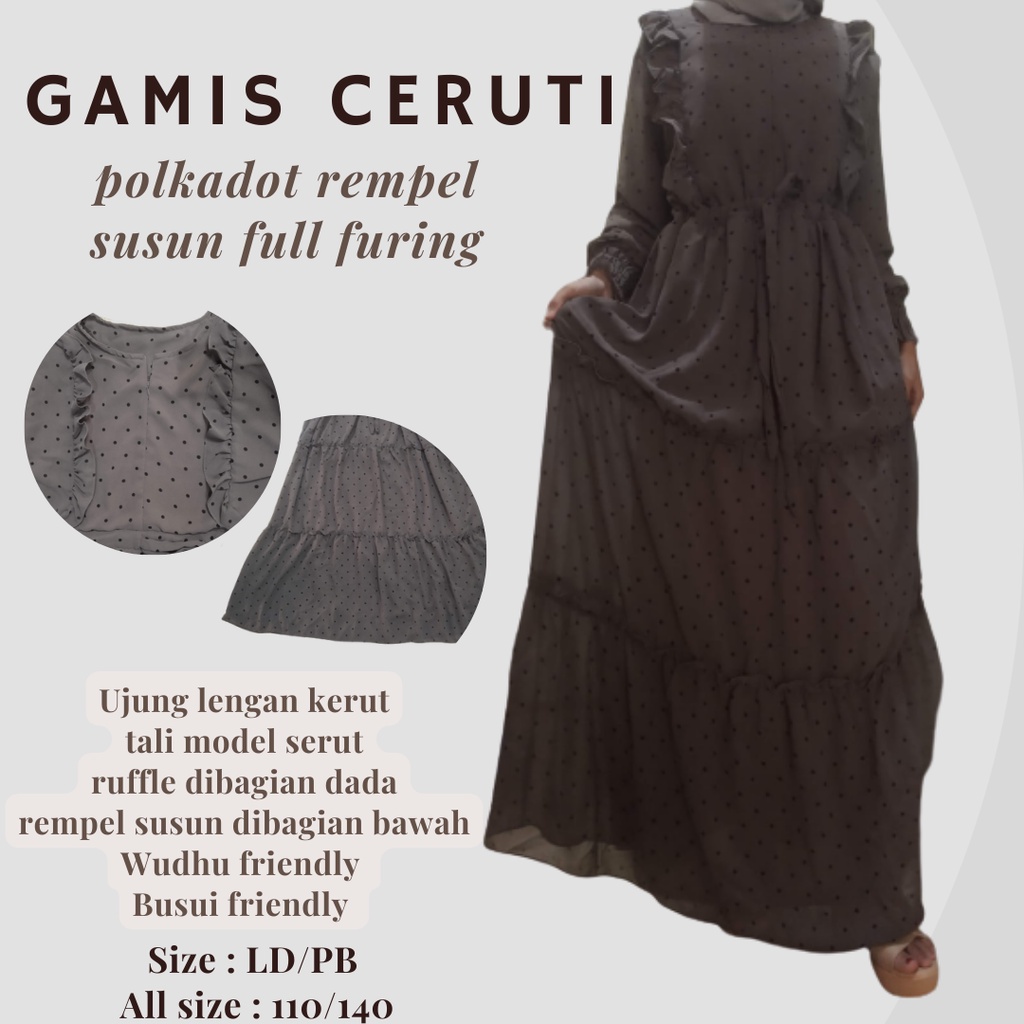 Gamis Ceruty Babydoll Motif Polkadot rempel Susun Full Furing