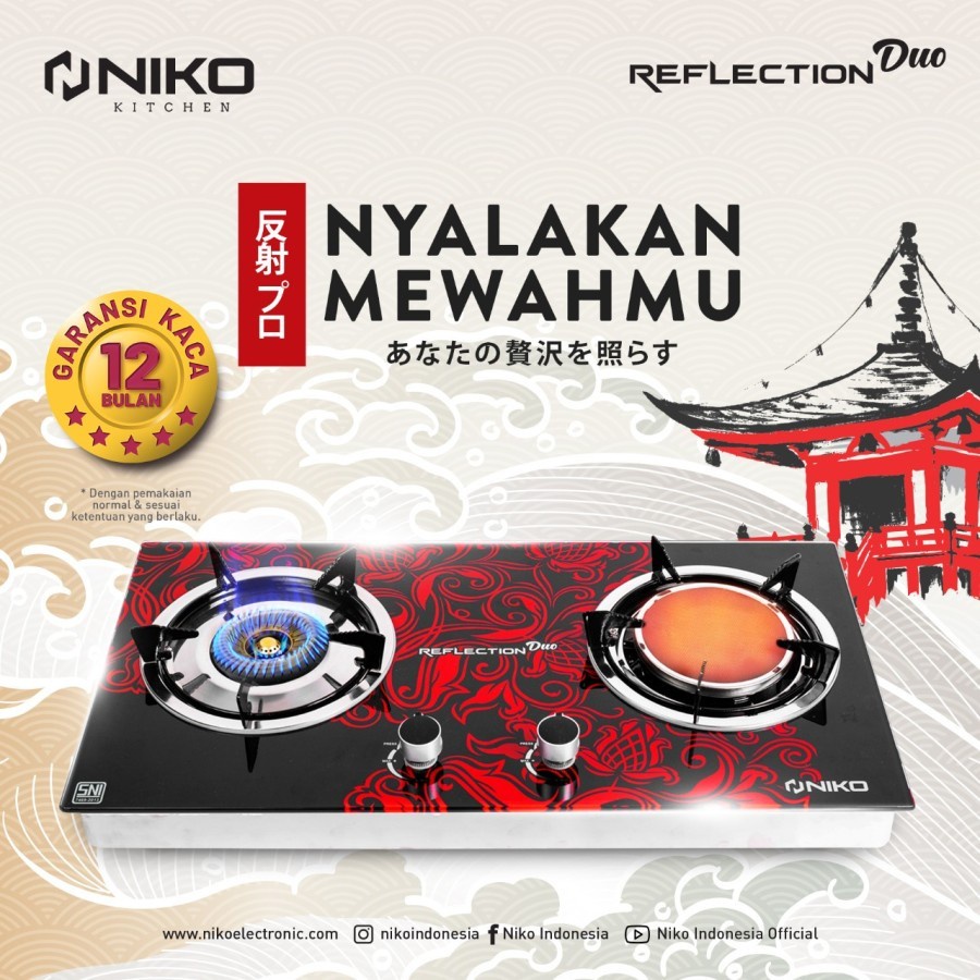 Kompor Gas 2 Tungku Kaca Gas Stove Niko Reflection Duo Tempered Glass