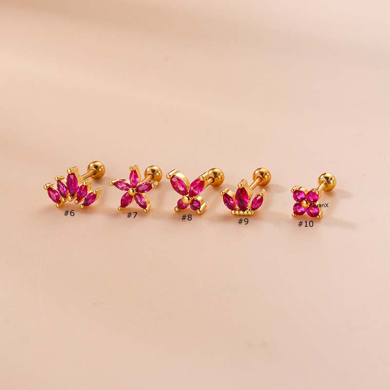 1 Pc Anting Tindik Bahan Stainless Steel Bentuk Mahkota Bunga Mawar Merah