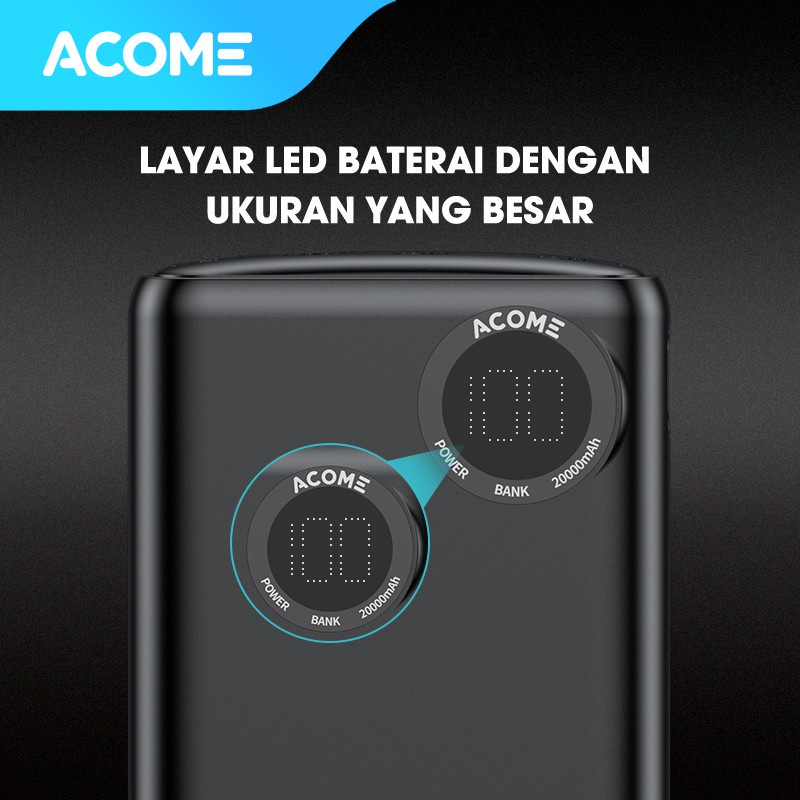 ACOME POWERBANK 20000mAh FAST CHARGING LED DISPLAY DUAL INPUT &amp; OUTPUT GARANSI RESMI 18 BULAN AP202