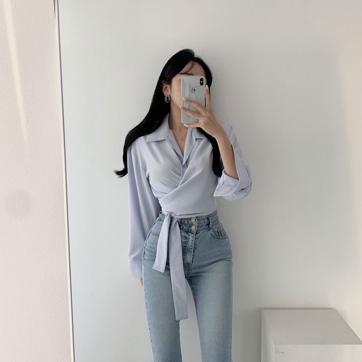 Wrap Blouse Kemeja Lengan Panjang Wanita Terbaru Crop Top