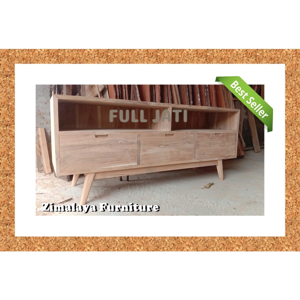 BUFET BUFFET TV, MEJA TV MINIMALIS JATI, RAK TV RETRO JATI MINIMALIS MODEL 3 LACI TINGGI 65CM FULL J