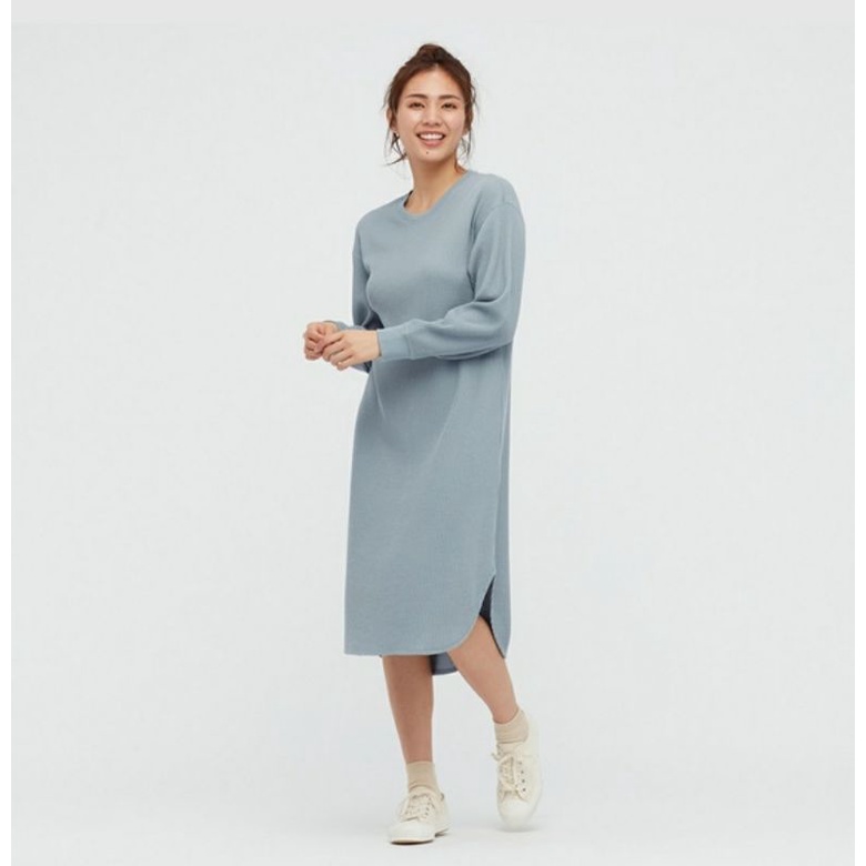 WOMEN GAUN WAFFLE CREW NECK LENGAN PANJANG UNIQLO