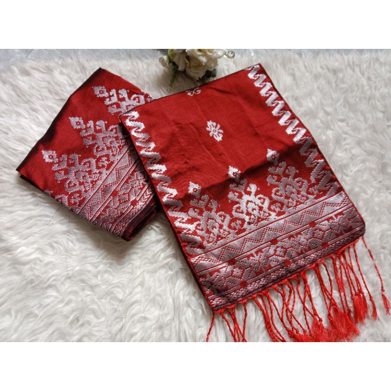 songket silungkang warna maroon silver