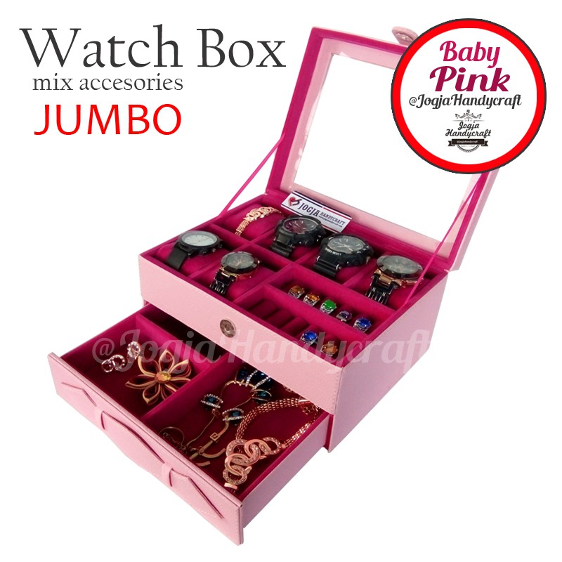 Kotak Tempat Jam Tangan JUMBO mix Tempat Perhiasan Susun Baby Pink