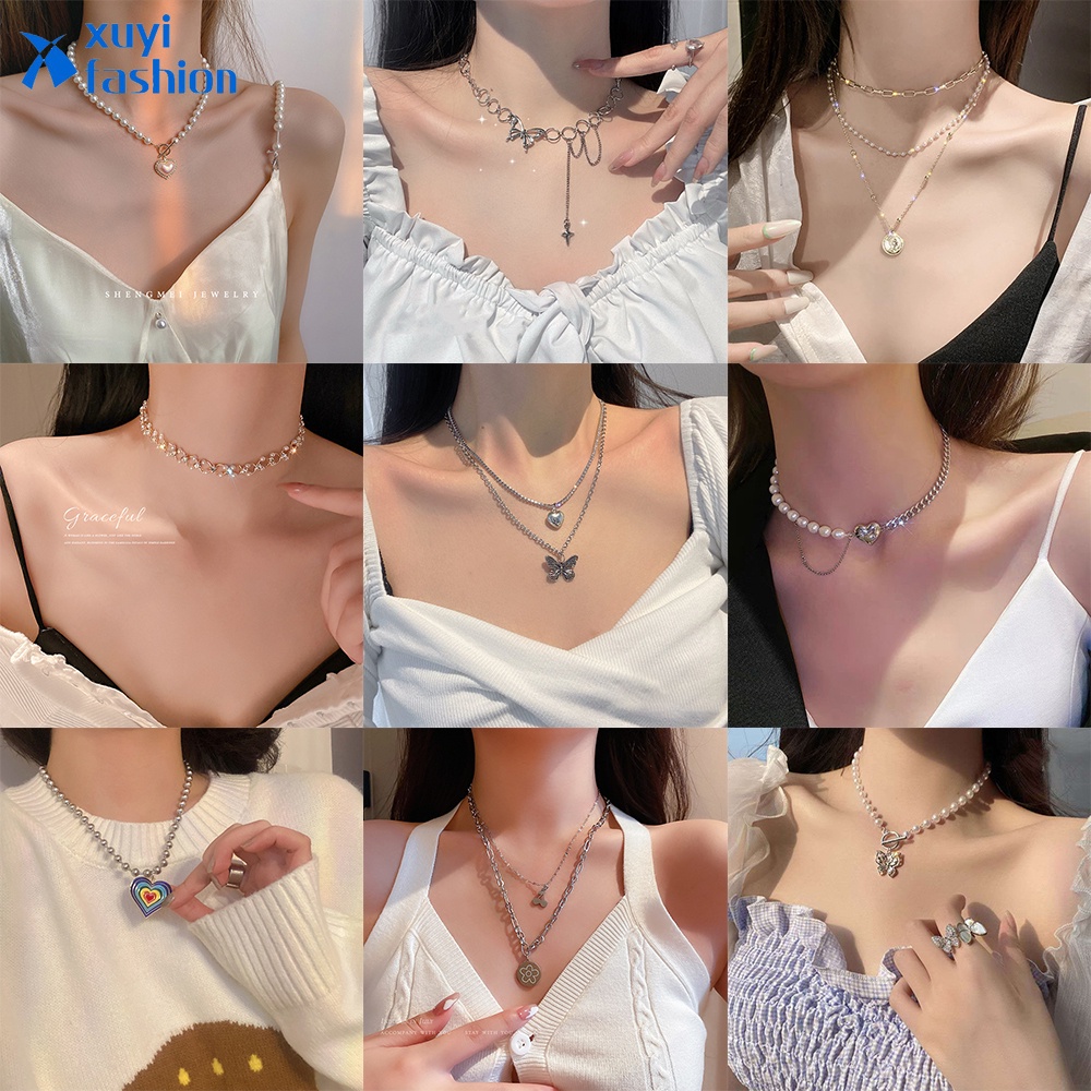 Fashion Kalung Mutiara Kupu-kupu Korea Kristal Hati Wanita Perhiasan Aksesoris