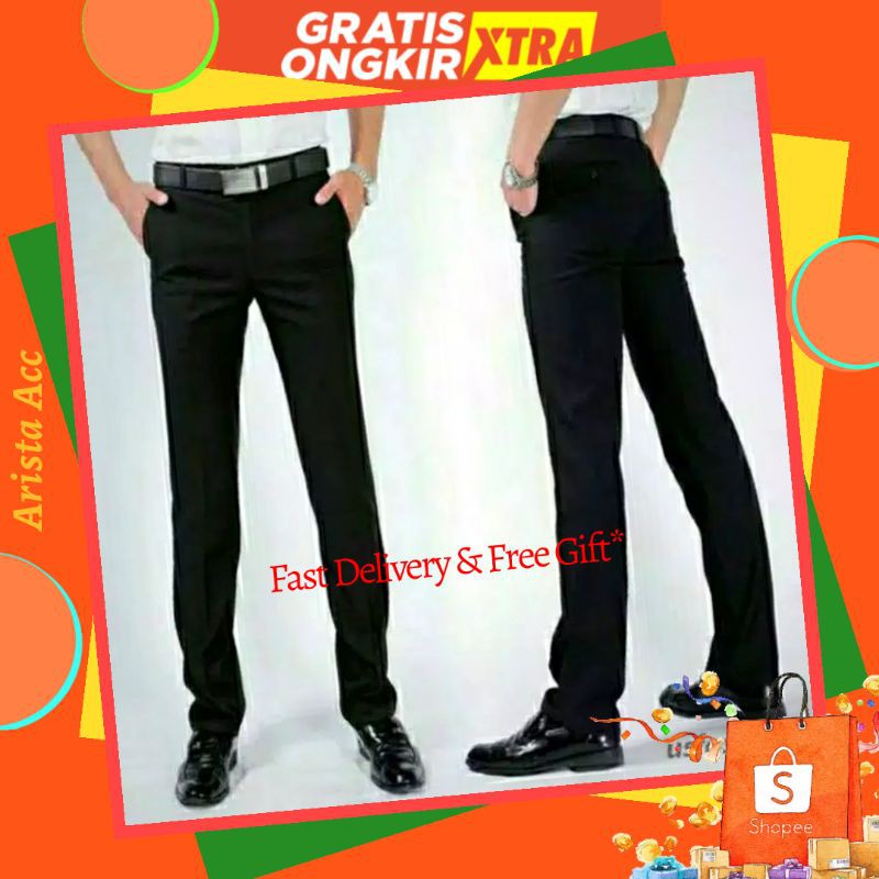 Celana Formal Pria Panjang Slimfit Hitam Size 27-38 Bahan Kain Teflon Murah