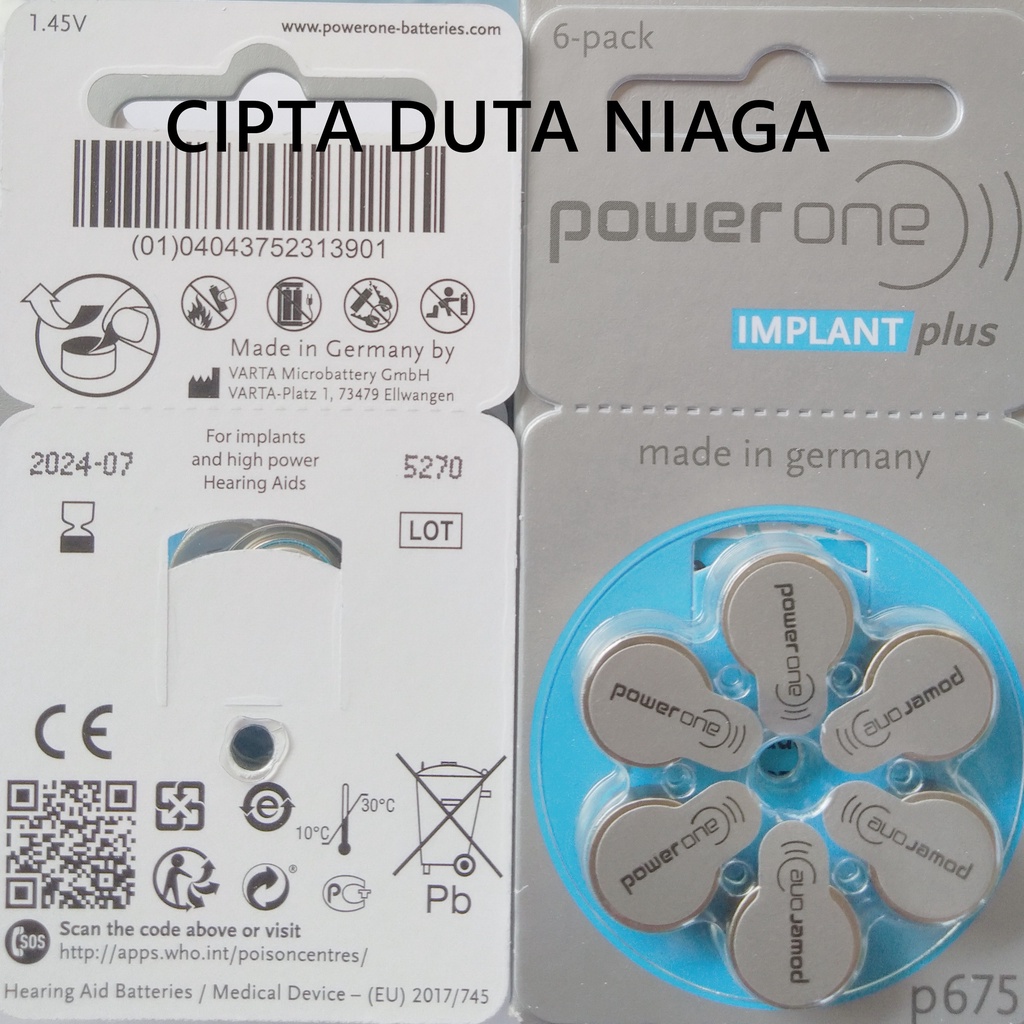 Baterai Implant Powerone p 675 Power One p 675 made in germany for implants and high power Hearing Aid batteries size 675 baterai alat bantu dengar implant batteries as ideal for use in cochlear implants Batre Alat Pendengar powerone baterai ABD