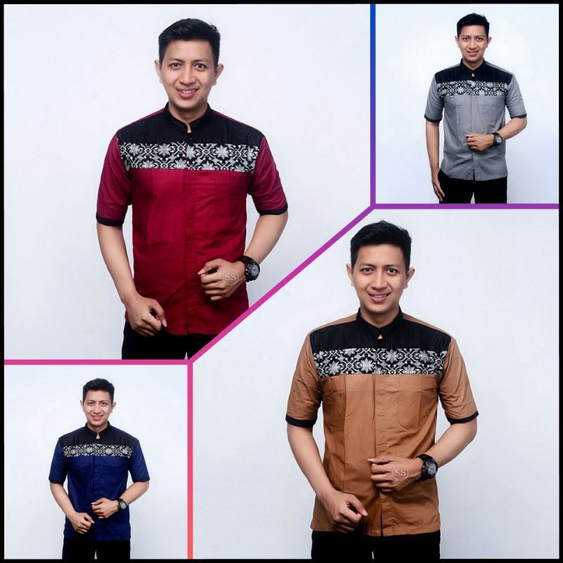 Baju Koko Modern - Kemeja Koko Pria Muslim Murah Lengan pendek Warna Hitam Putih marun navi Abu biru