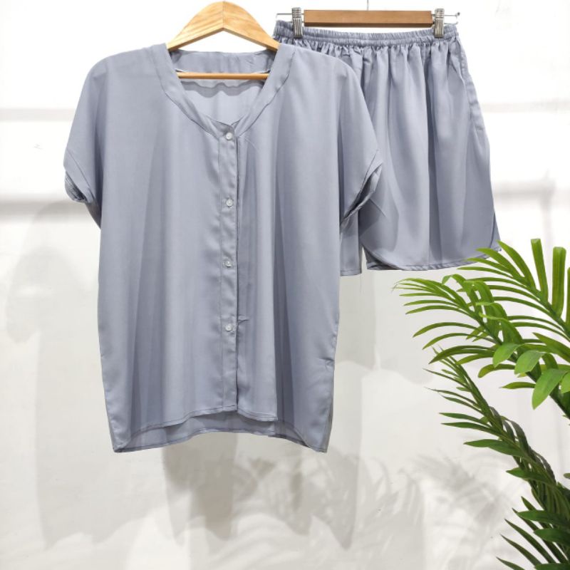 PIYAMA KANCING PENDEK HITS PIYAMA KANCIBG BUSUI | PIYAMA RAYON | HOMEWEAR-PDNK BABY GREY