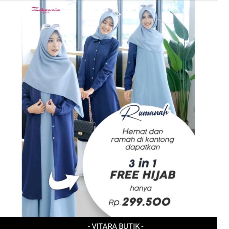 Dress Rumanah by Zabannia  Tunik  Set dress+tunik+jilbab  Kekinian Trend hijab muslimah DIJAMIN ORI Bisa COD Terbaru Terlaris Termurah