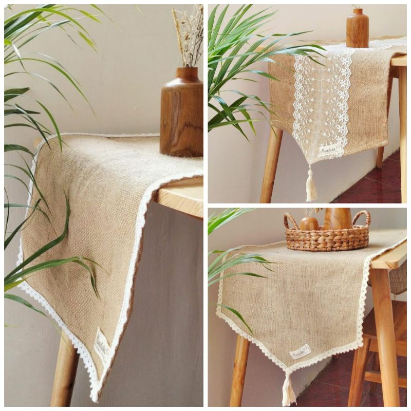 Table Runner Burlap Lace / Taplak Meja Goni / Taplak Meja Renda / Taplak Meja Rustic / Taplak Meja T