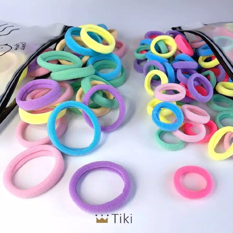 [ COD ] 100Pcs dan 50pcs Ikat Rambut + POUCH Lucu / Ikat Karet Donat Polos Warna Warni-2