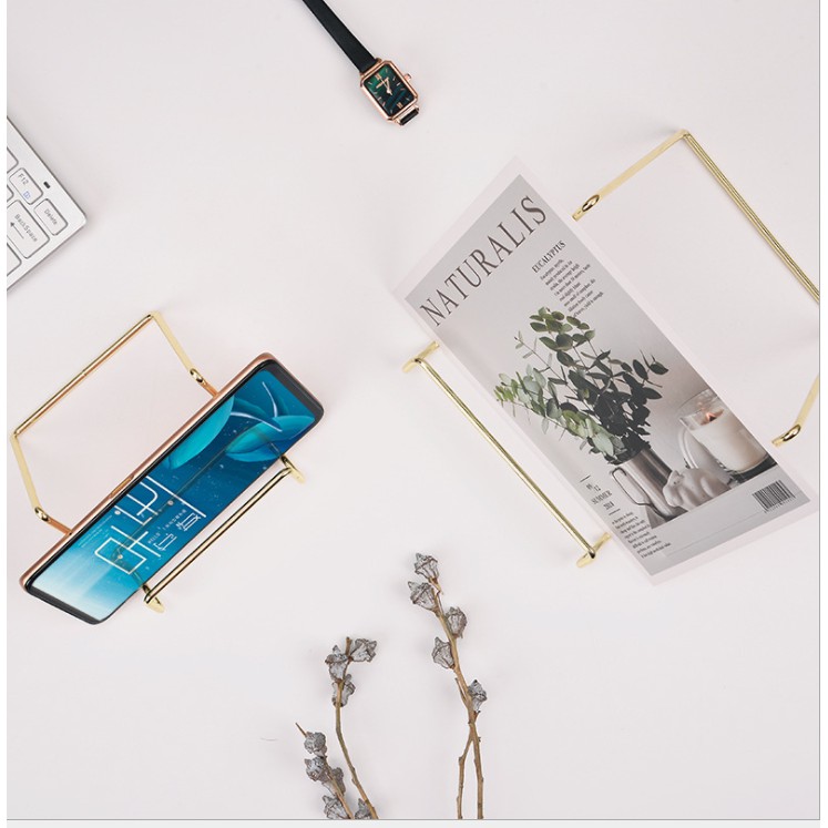 Penyangga hp standing handphone stainless gold tempat majalah buku besi nordic