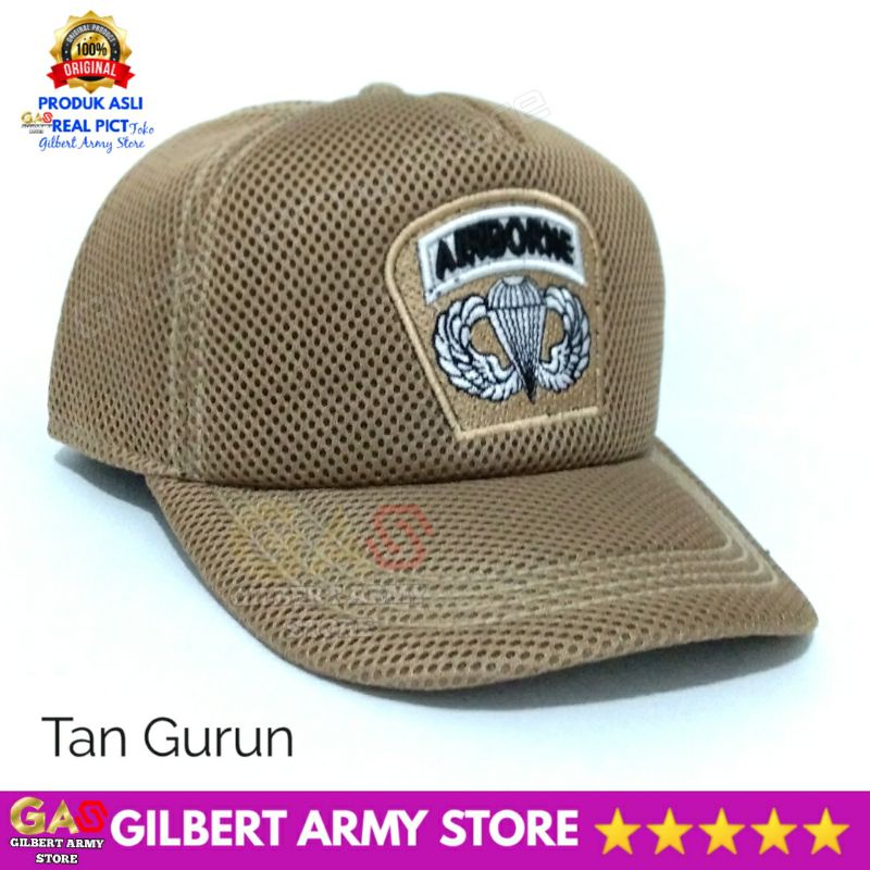 Topi Airborne Jaring Tan Gurun  Hitam Logo Bordir Tni Militer Gilbert Army Store Murah Kualitas Premium Grosir