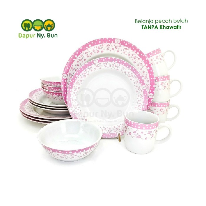 Isi - Muda Promo Makan Fleur Murah Motif Dinner 16pcs  Keramik Set Polkadot Perangkat Merah
