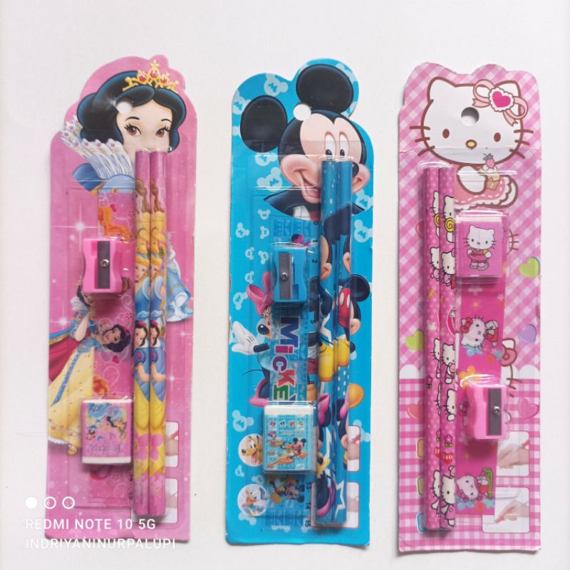 Paket Alat Tulis Pensil set 5 in 1 fancy karakter penghapus penggaris serutan pensil gift set