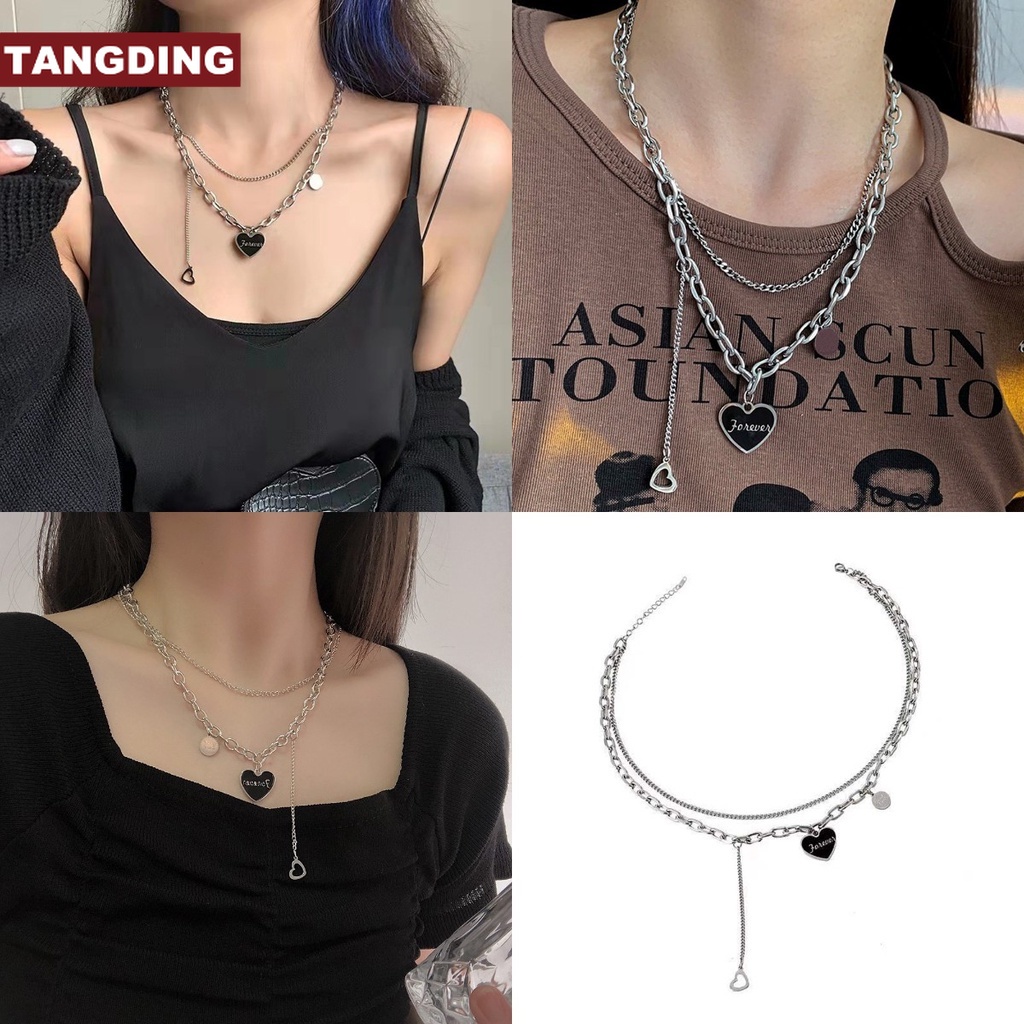 【COD Tangding】Kalung Double Layer Bentuk Hati Warna Hitam Untuk Wanita