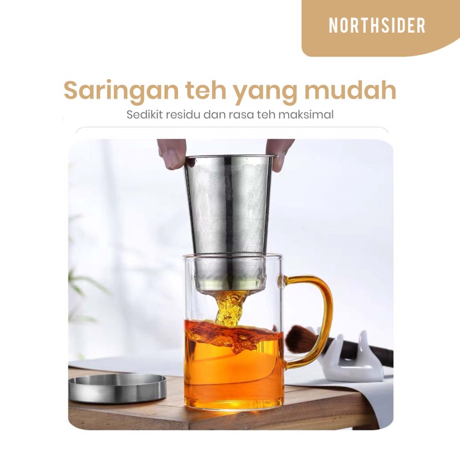 GELAS CANGKIR TEH KACA 400ML SARINGAN DAN TUTUP STAINLESS STEEL