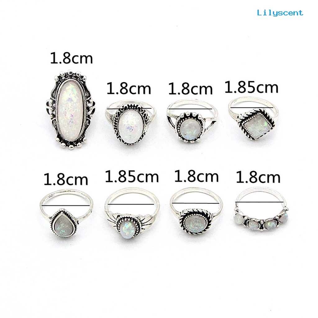 8pcs / Set Cincin Buku Jari Warna Silver Bentuk Kotak Stackable Aksen Permata Imitasi Gaya Etnik Untuk Aksesoris