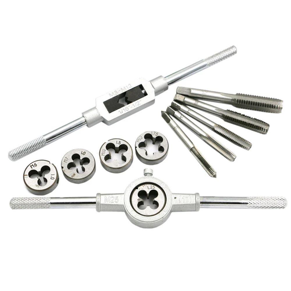 Populer 12pcs Tap Dies Set Die Stock Adjustable Die Wrench Sekrup Taps Bearing Steel Hand Tools Drat Colokan Keran