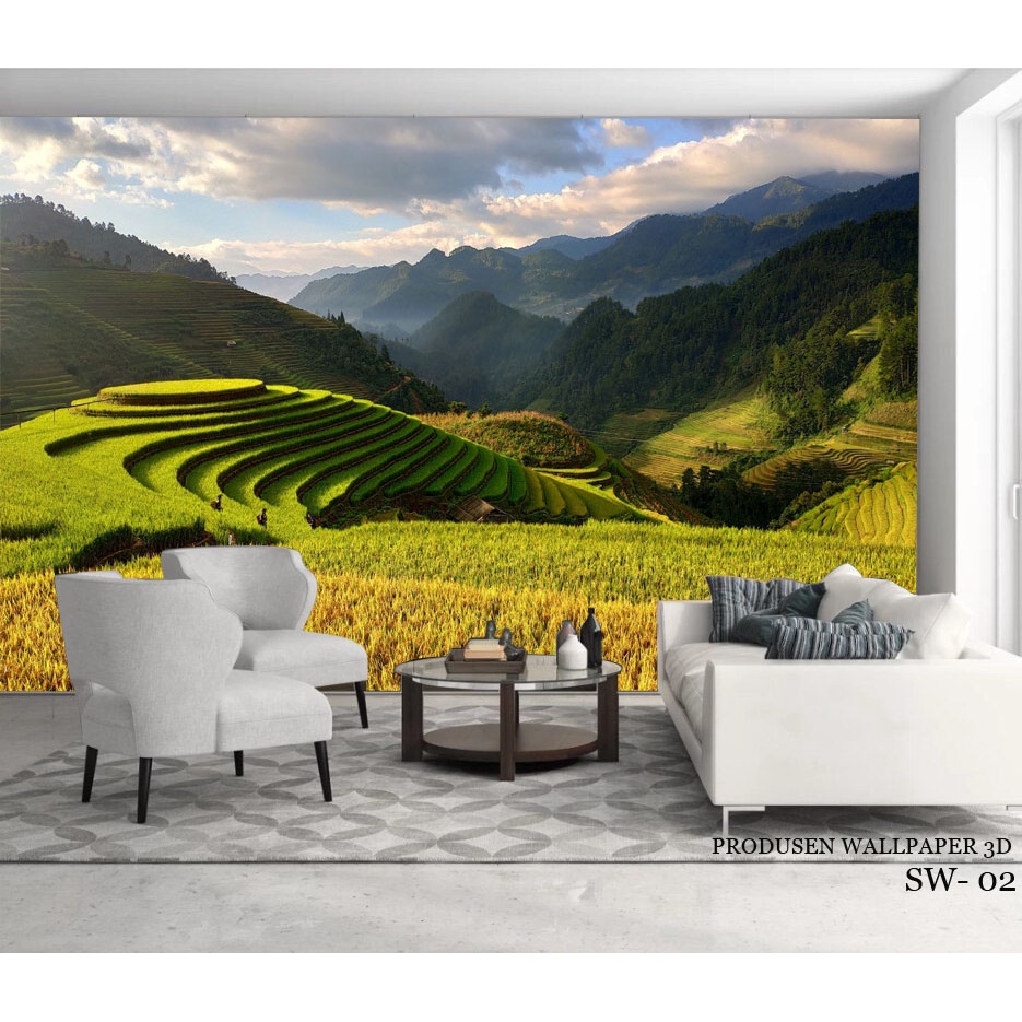 PRODUSEN LANGSUNG, Wallpaper Pemandangan 3d Sawah Perdesaan Ruang Tamu