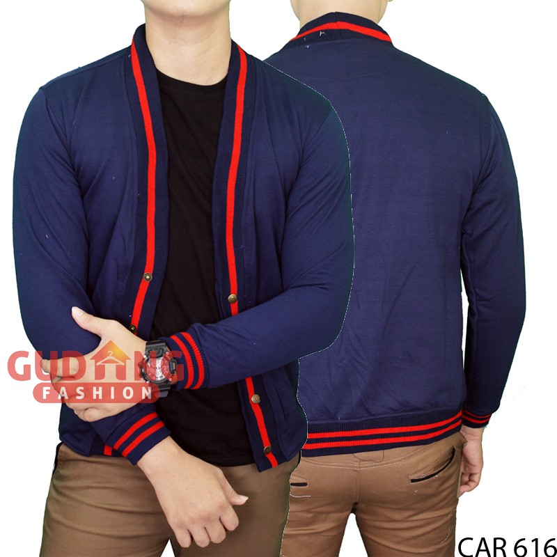 Cardigan Fleece Biru Navy Basic Polos Panjang Pria CAR 616