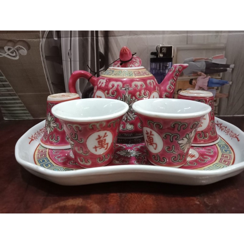 Tea pot set antik ukiran merah chinese tahun 70an