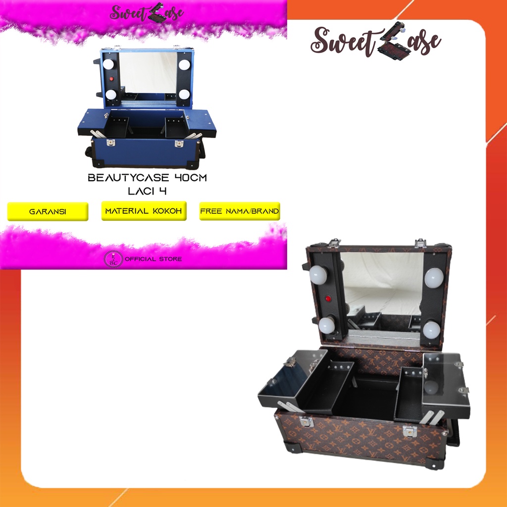 Beautycase 40cm 4 laci standart/akrilik 4 lampu LED, koper rias pengantin, koper makeup, beautycase 